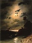 Seascape Canvas Paintings - Moonlit Seascape With Shipwreck